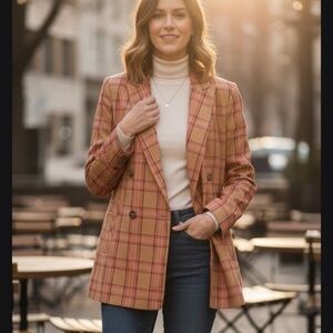 New Anthropologie Tan and Red Plaid Blazer
